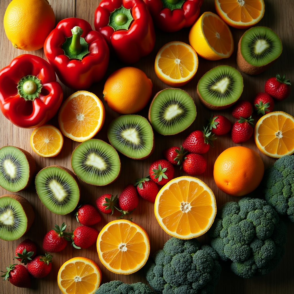 Colorful array of vitamin C rich foods including citrus fruits, bell peppers, and leafy greens arranged on a wooden surface with natural lighting