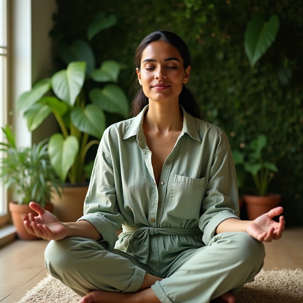 Person in calm meditative posture surrounded by plants and natural light, representing the practice of mindfulness and stress reduction as part of holistic wellness