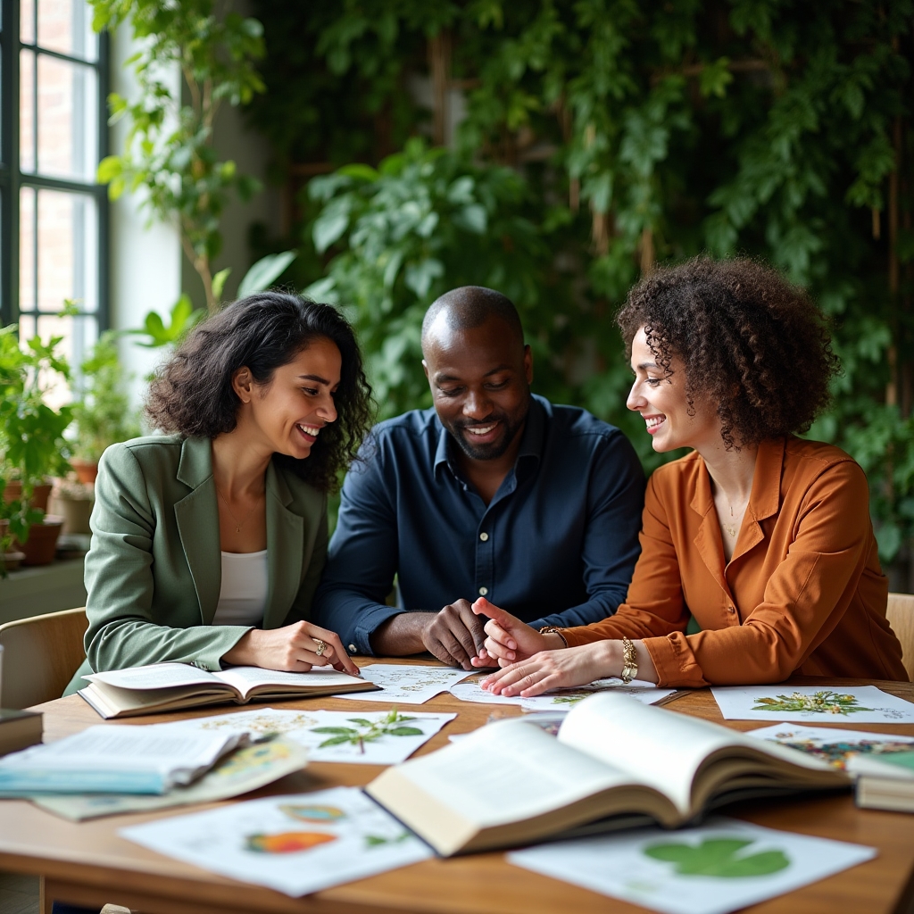 Diverse group of nutrition education professionals in a naturally lit workspace surrounded by plants and reference materials
