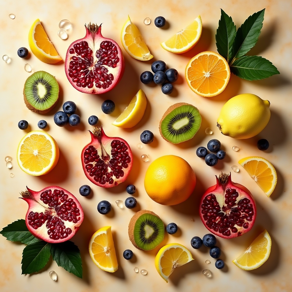 Fresh fruits and vegetables arranged alongside skincare elements representing nutritional support for skin health