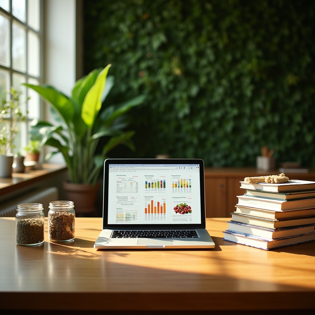 Scientific reference materials and nutritional charts on a clean desk with a green plant, representing the research-based approach to skin nutrition education