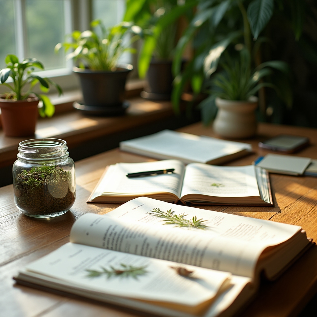 Open books and nutritional reference materials on a desk with natural plant elements, representing educational research and knowledge sharing in skin wellness